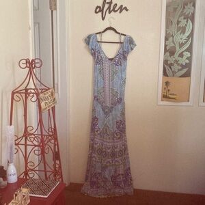Hale Bob Light Blue Maxi Dress with Purple & Green Print
